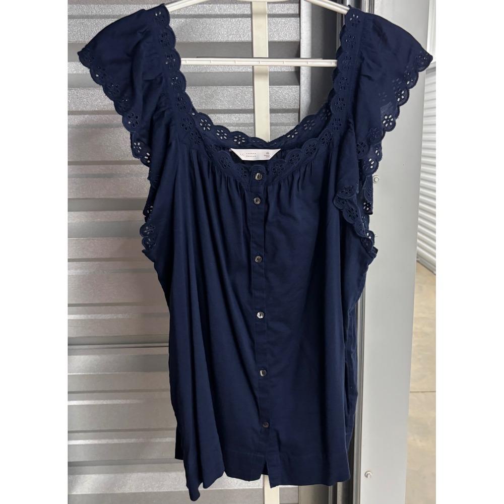 LC Lauren Conrad Navy Blue Eyelet Ruffle Sleeve Button Front Top XL